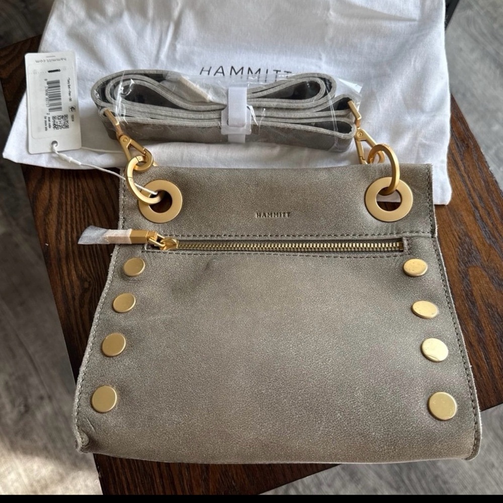 Hammitt Taupe Suede Crossbody with Gold Hardware Accents